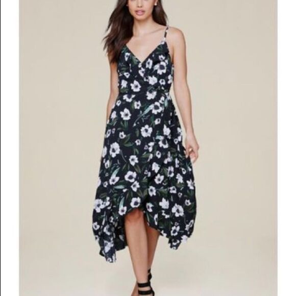 Bebe Floral Print Ruffle Hi-Lo Wrap Dress Cottage Core Feminine Festival Dress - Picture 1 of 12